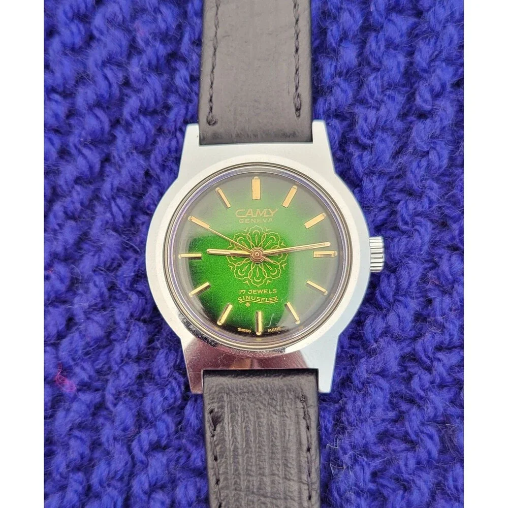 Vintage Camy Sinusflex Watch 17 Jewels Mechanical Green Gradient Dial Gold
